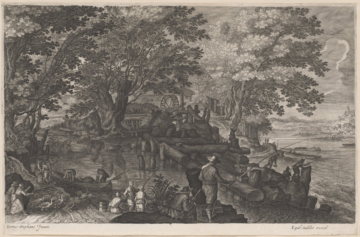 Pescadores por um moinho de água da ilha de Aegidius Sadeler II after Pieter Stevens