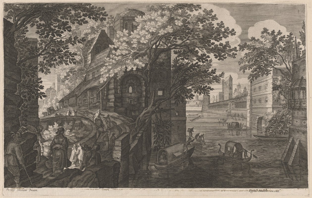 Gôndolas em um rio por um palácio de Aegidius Sadeler II after Pieter Stevens