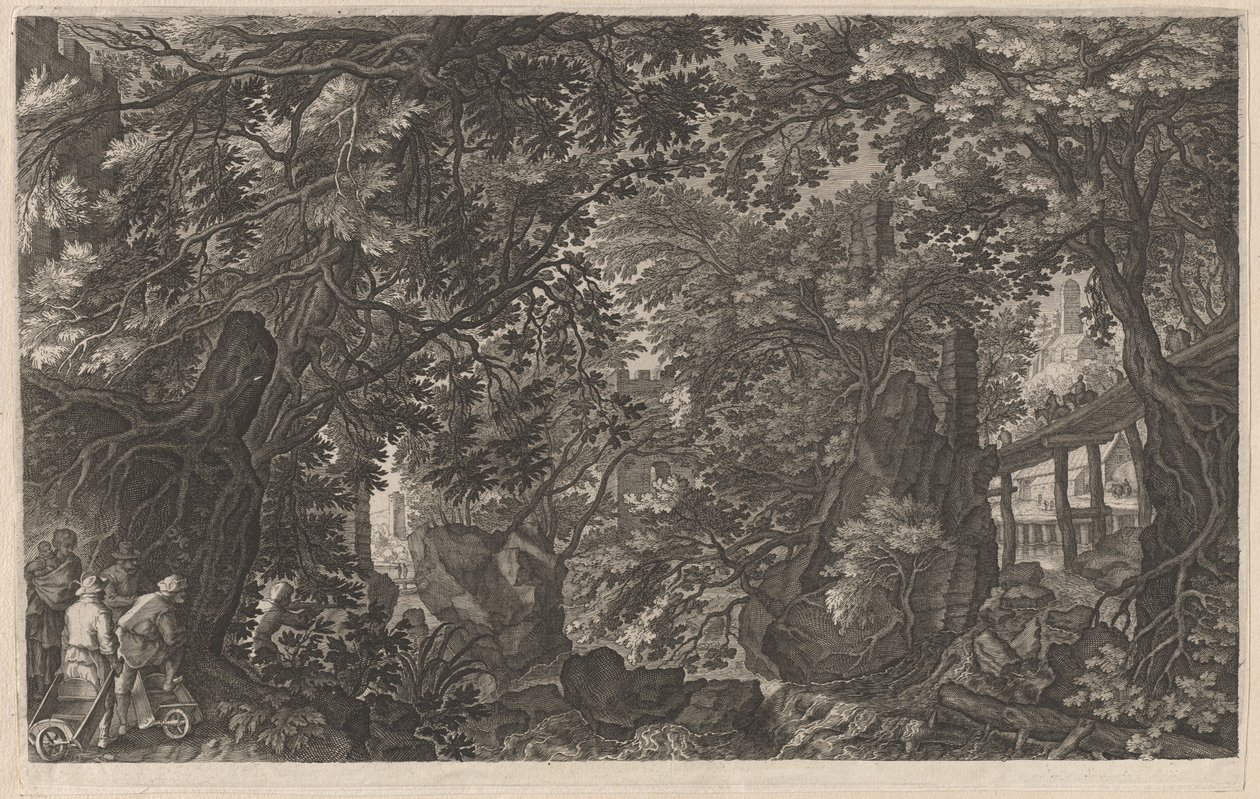 Caçadores em uma floresta perto de uma ponte de madeira de Aegidius Sadeler II after Pieter Stevens