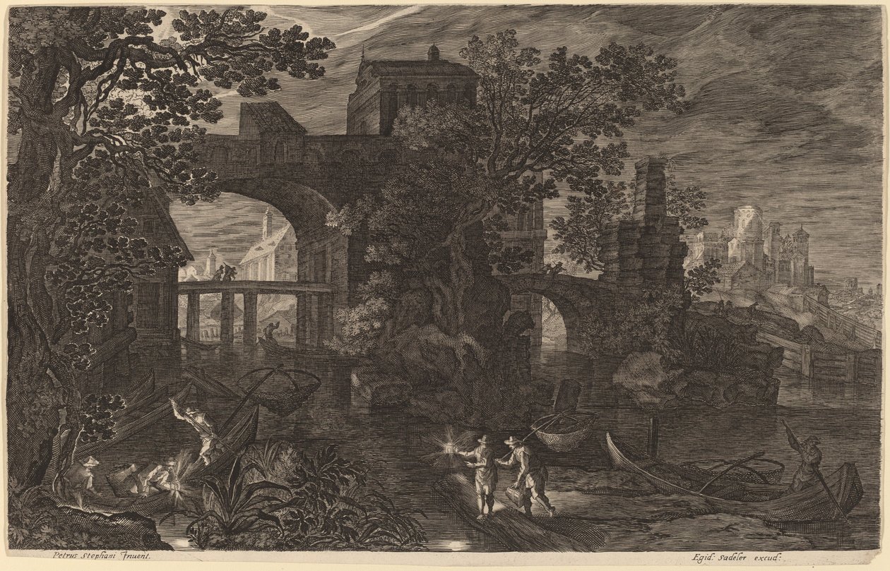 Paisagem noturna com pescadores do rio fora das muralhas da cidade de Aegidius Sadeler II after Pieter Stevens