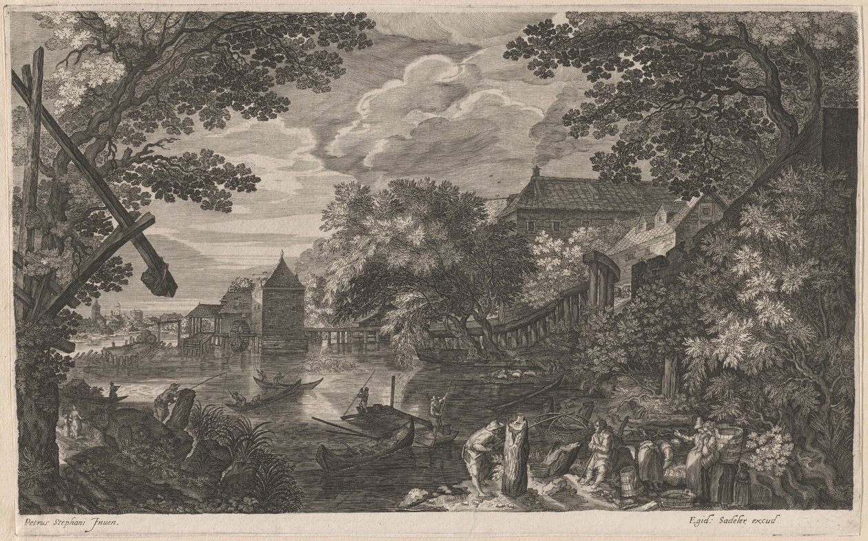 Riverscape com pescadores por uma cidade fortificada de Aegidius Sadeler II after Pieter Stevens