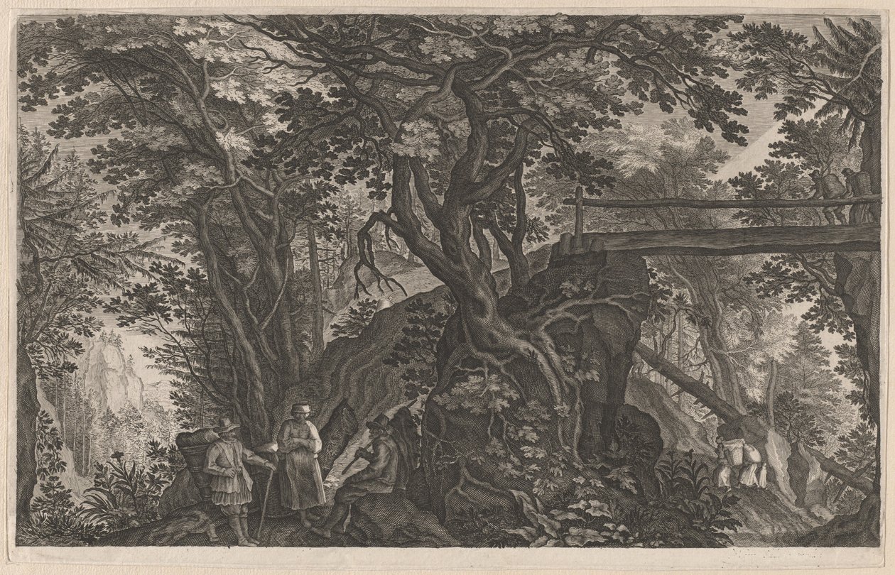 Viajantes descansando em uma floresta de montanha por uma ponte de madeira de Aegidius Sadeler II after Pieter Stevens