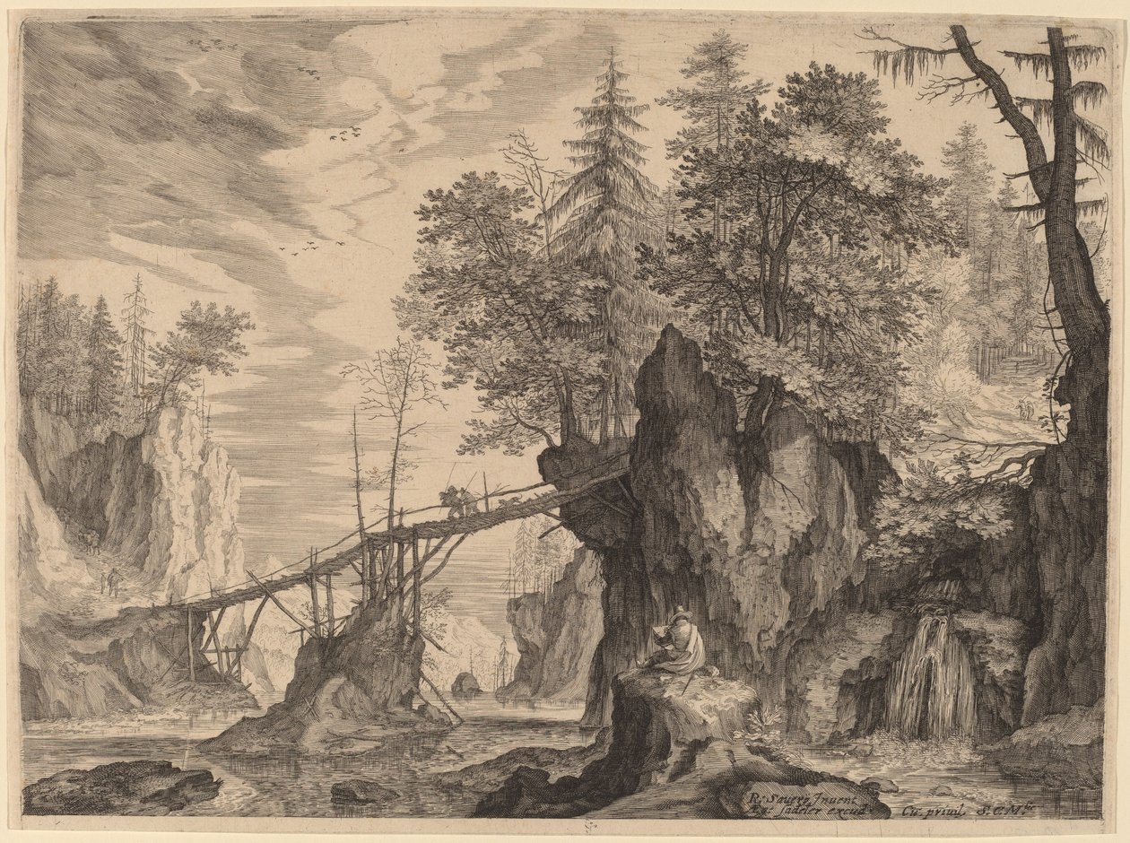 Desenhador em uma pedra antes de uma ponte de Aegidius Sadeler II after Roelandt Savery