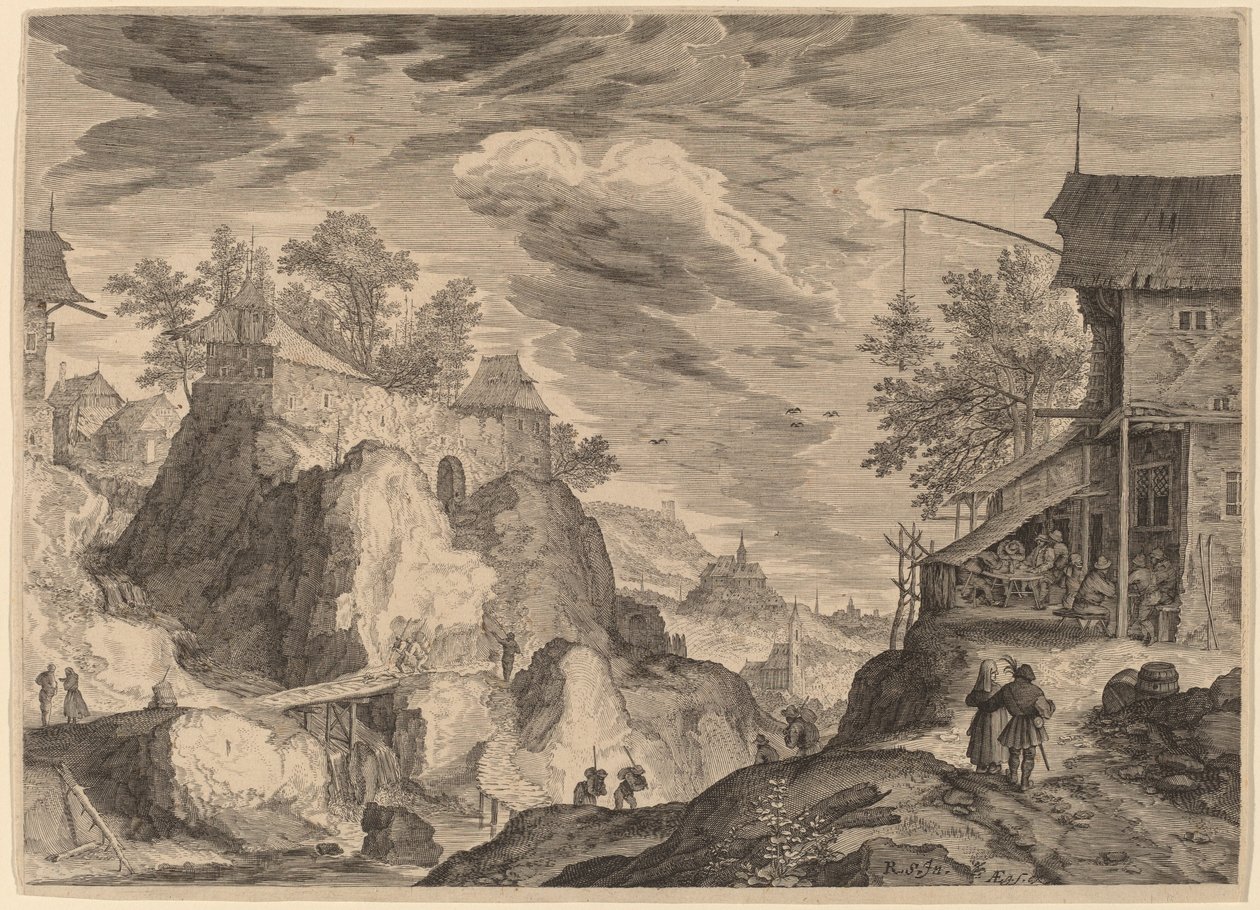 Paisagem com pousada à direita e casa nas rochas à esquerda de Aegidius Sadeler II after Roelandt Savery