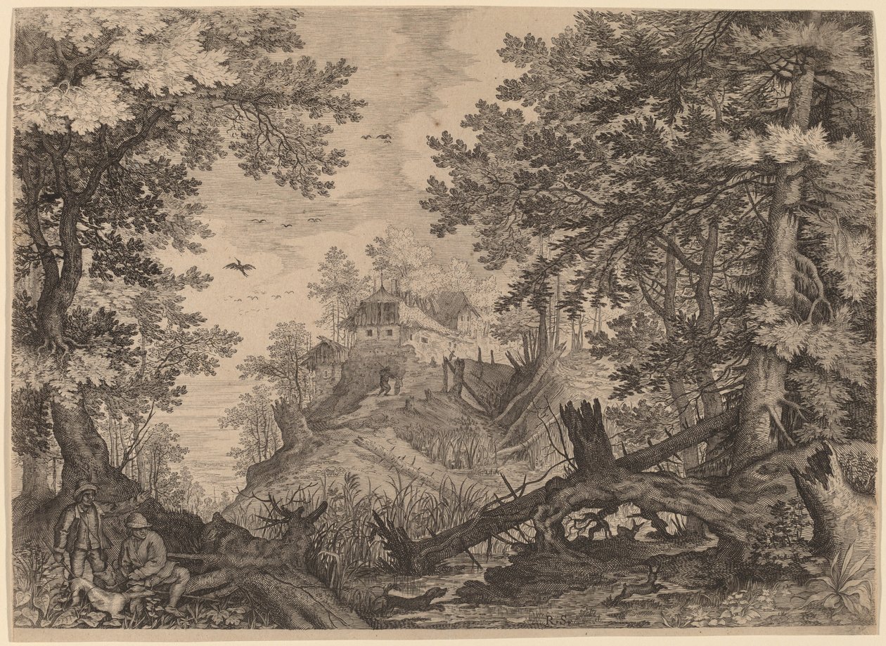Cena da floresta com dois caçadores e um cachorro à esquerda de Aegidius Sadeler II after Roelandt Savery