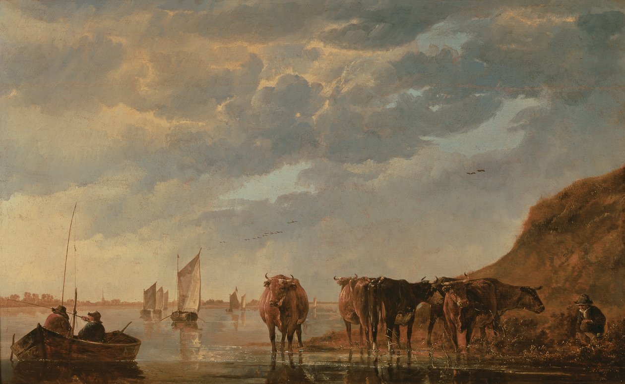 Um pastor com cinco vacas por um rio, c.1650 (painel) de Aelbert Cuyp