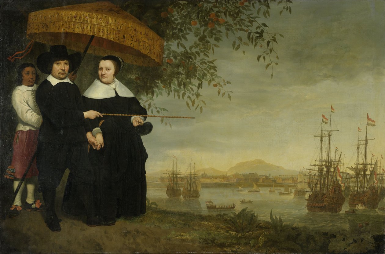 Um comerciante sênior da empresa Holandesa das Índias Orientais, Jacob Mathieusen, e sua esposa na Batávia, onde os navios da Companhia Holandesa das Índias Orientais se preparam para navegar para casa c.1640-60 de Aelbert Cuyp