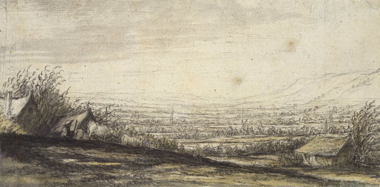 Extensa paisagem com Cottage e gado (giz preto, cinza e amarelo lavar) de Aelbert Cuyp