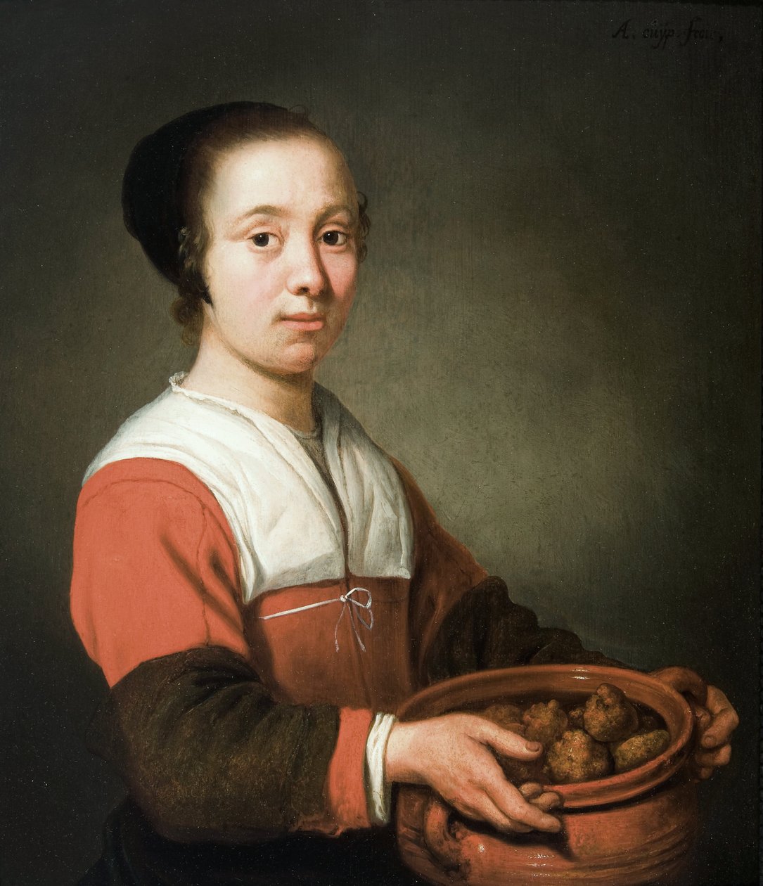 Jovem mulher com uma panela cheia de oliebollen de Aelbert Cuyp