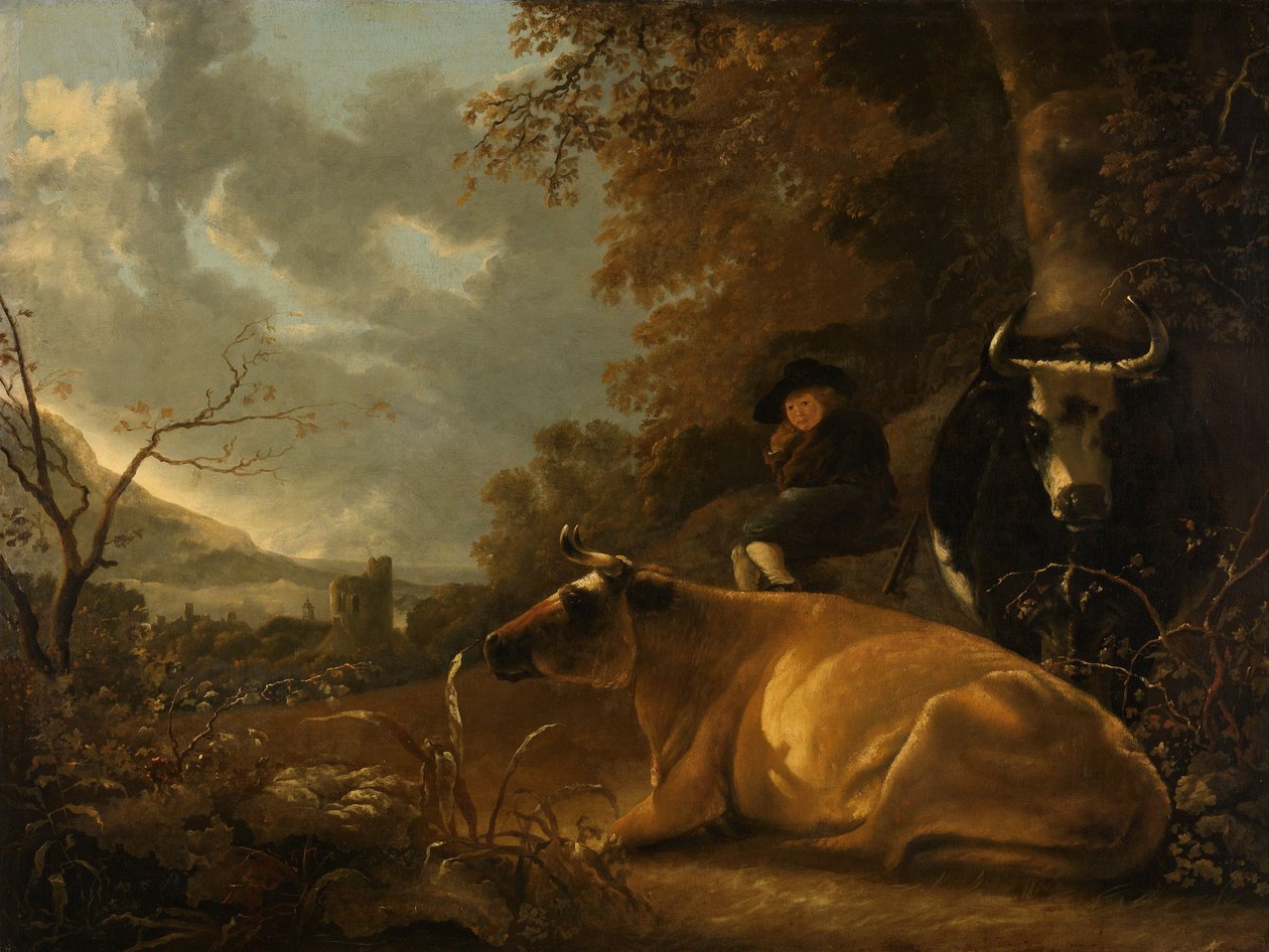 Paisagem com vacas e um jovem pastor de Aelbert Cuyp (manner of)