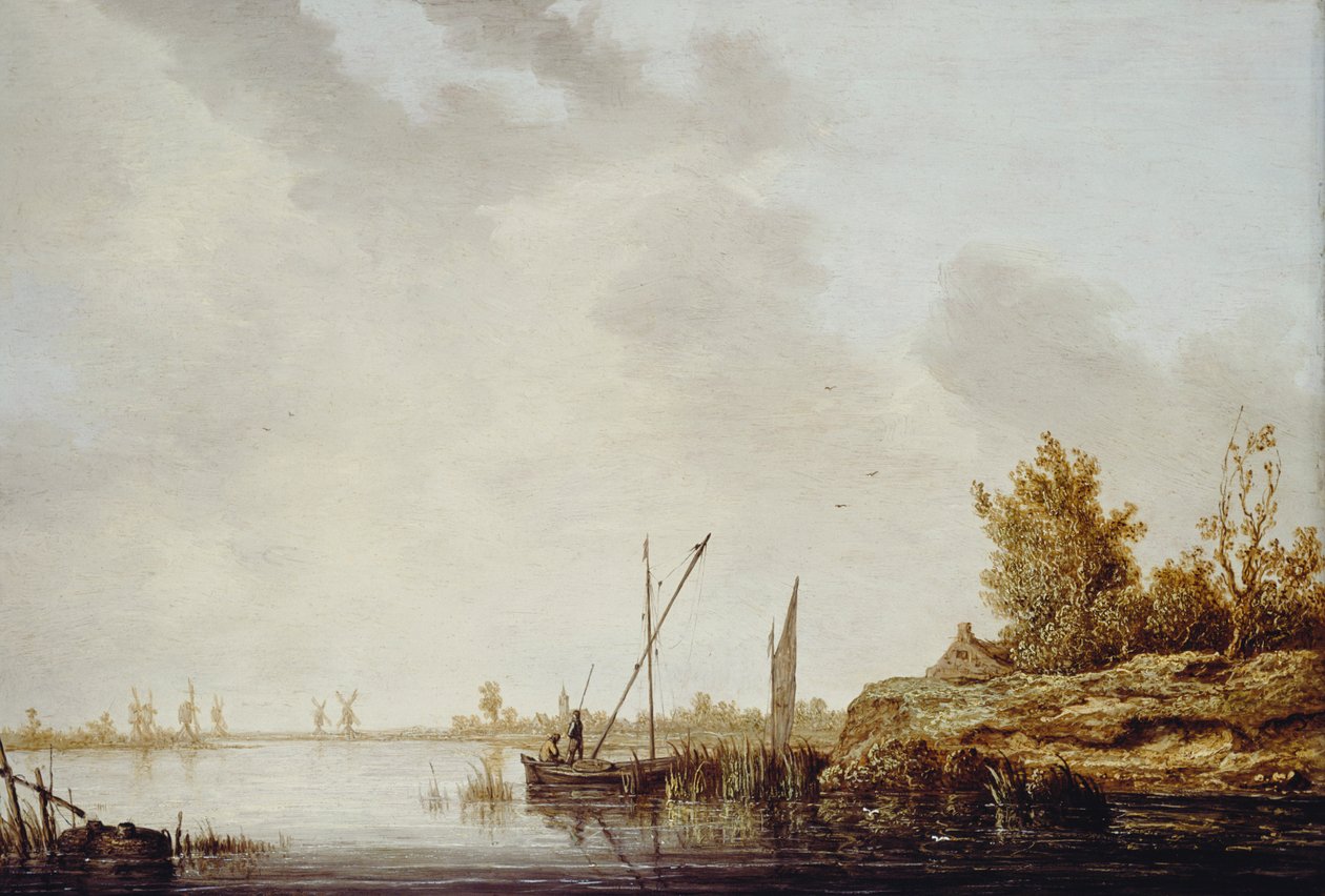 Uma cena do rio com moinhos de vento distantes, c.1640-42 de Aelbert Cuyp