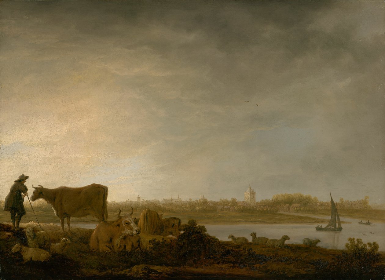 Vista de Vianen com um pastor e gado junto a um rio de Aelbert Cuyp