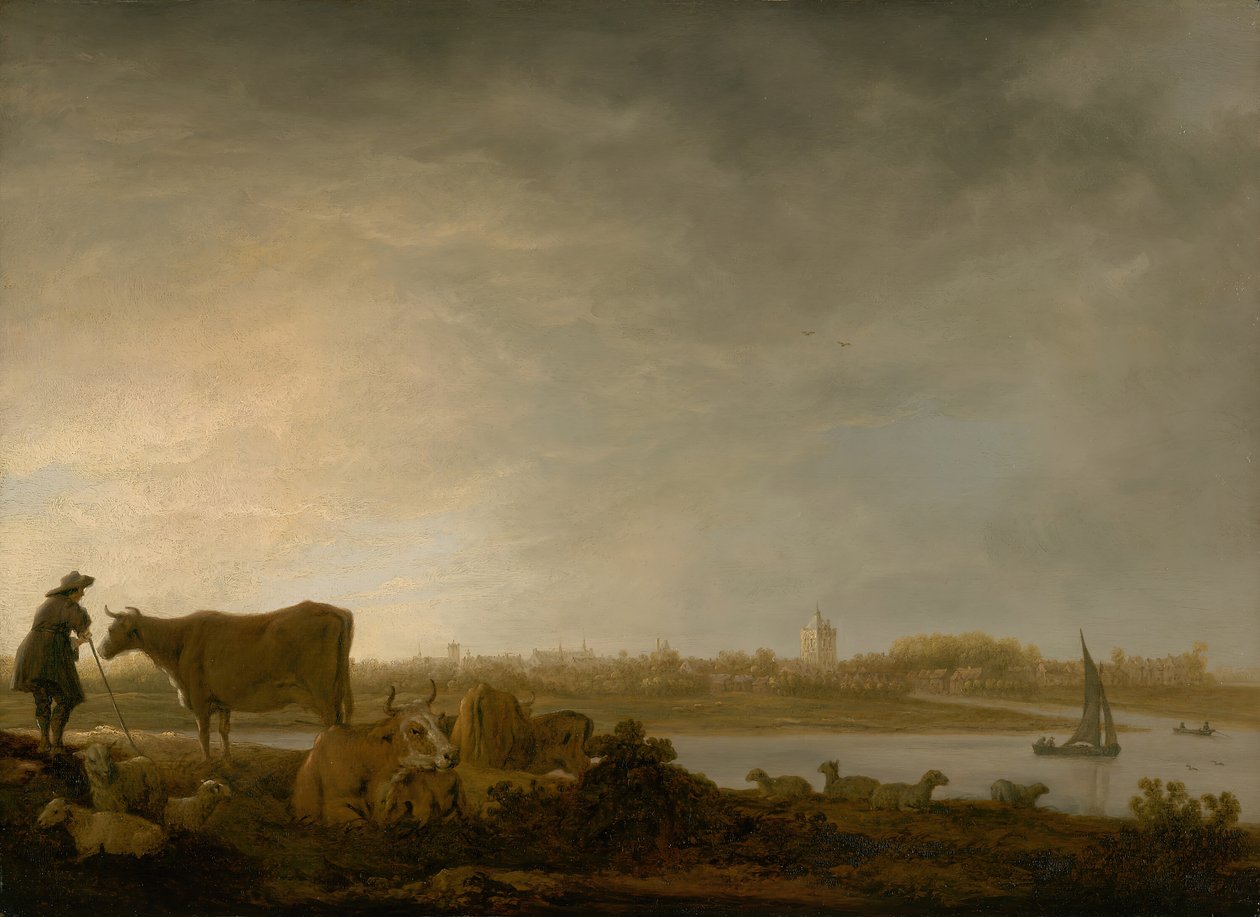 Uma vista de Vianen com um pastor e gado por um rio, c. 164345. de Aelbert Cuyp