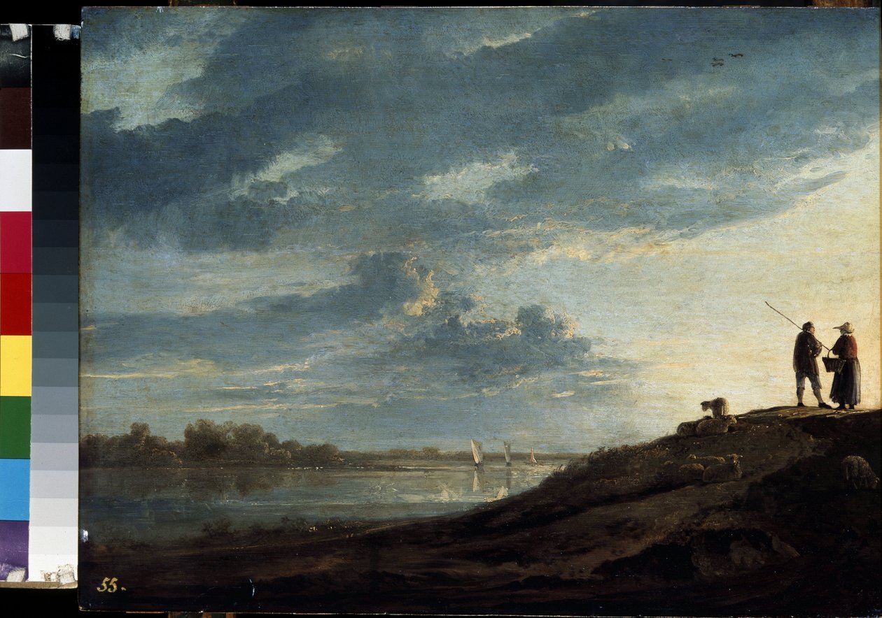 ""Pôr do sol sobre um rio"" (Pôr do sol sobre um rio) Pintura de Albert (Aelbert ou Aelbrecht) Cuyp (1620-1691) 1650 aproximadamente Dim. 38,5x53 cm Museu Hermitage, São Petersburgo de Aelbert Cuyp
