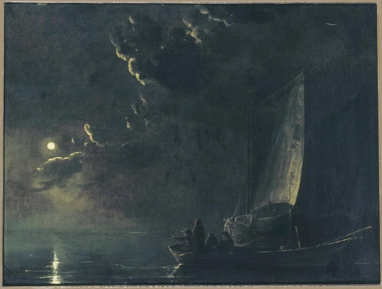 Alemão: Paisagem lunar, em primeiro plano um barco de pesca com pescadores Pescadores ao luar de Aelbert Cuyp