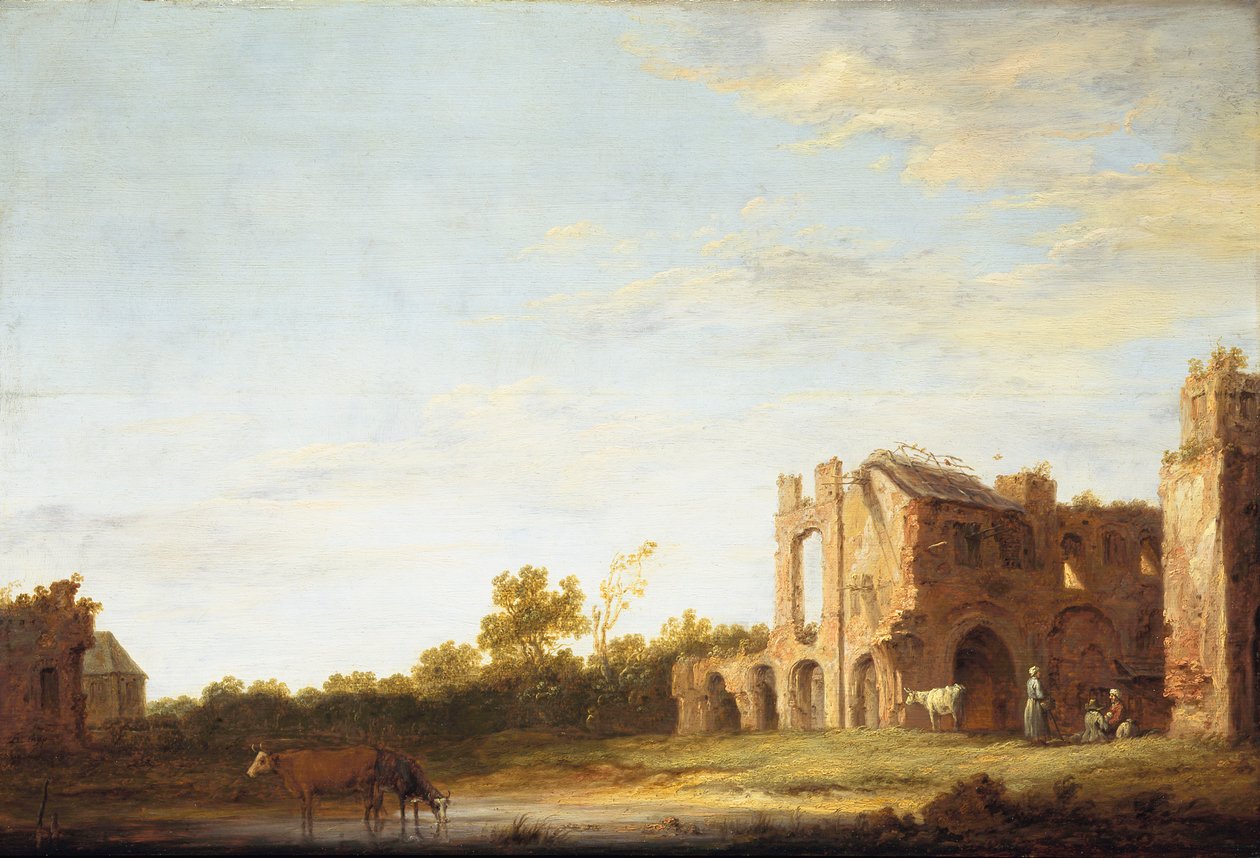 Paisagem com as ruínas da Abadia de Rijnsburg, perto de Leiden de Aelbert Cuyp