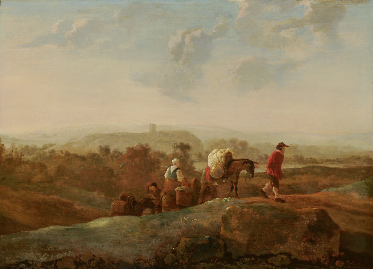 Camponeses migrantes numa paisagem meridional de Aelbert Cuyp
