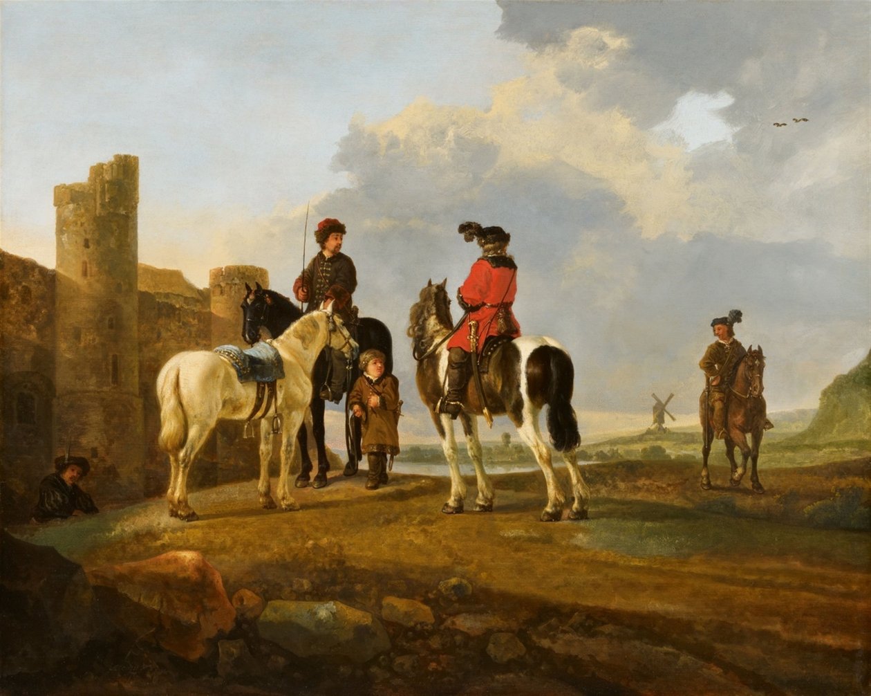 Cavaleiros em repouso por Burg Ubbergen de Aelbert Cuyp