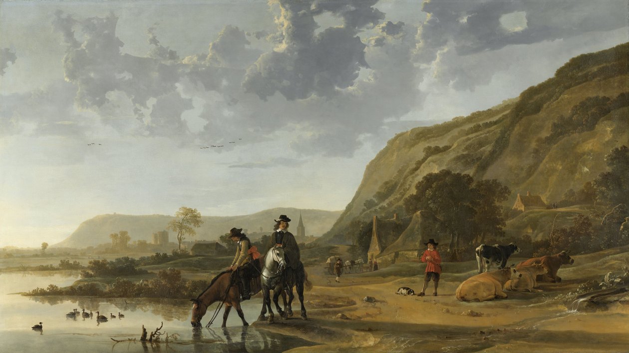 Paisagem do rio com cavaleiros, 1653-7 de Aelbert Cuyp