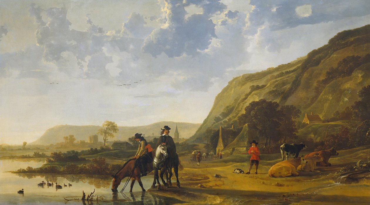Paisagem do rio com cavaleiros, 1655 de Aelbert Cuyp
