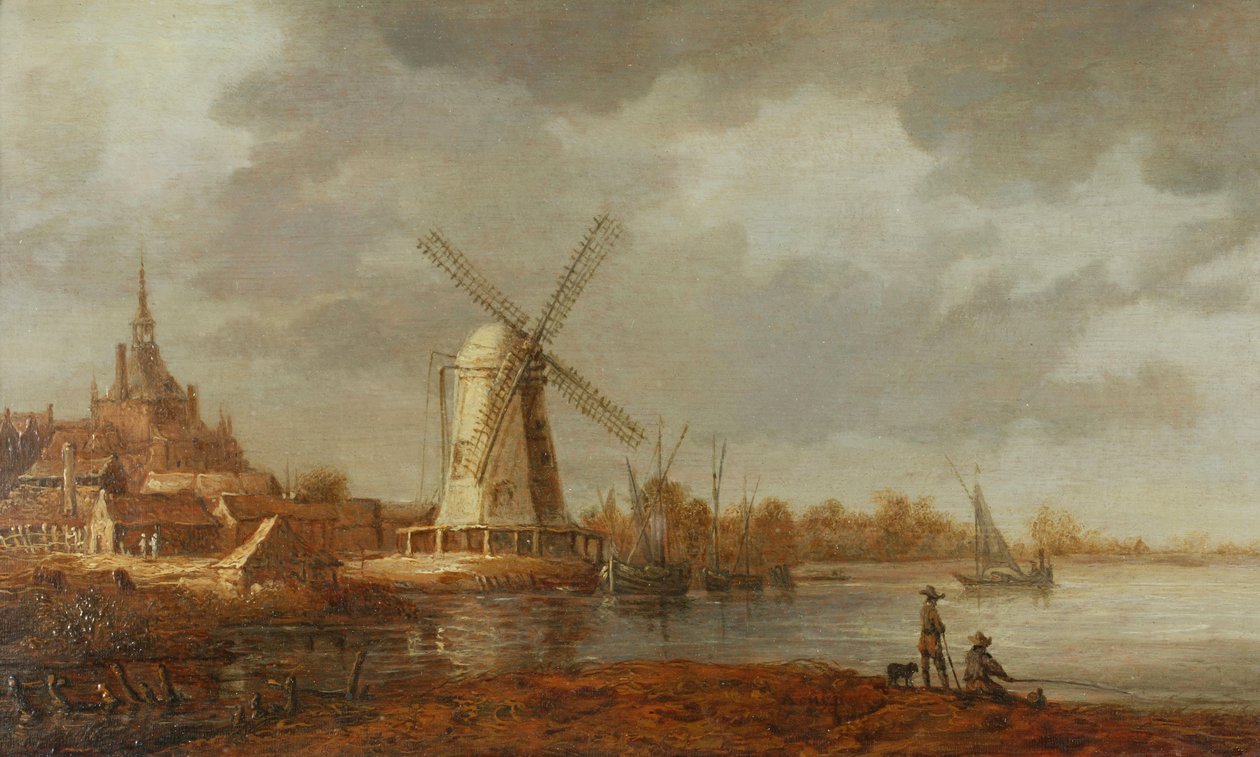 Cena fluvial com vista para Dordrecht (óleo sobre painel) de Aelbert Cuyp