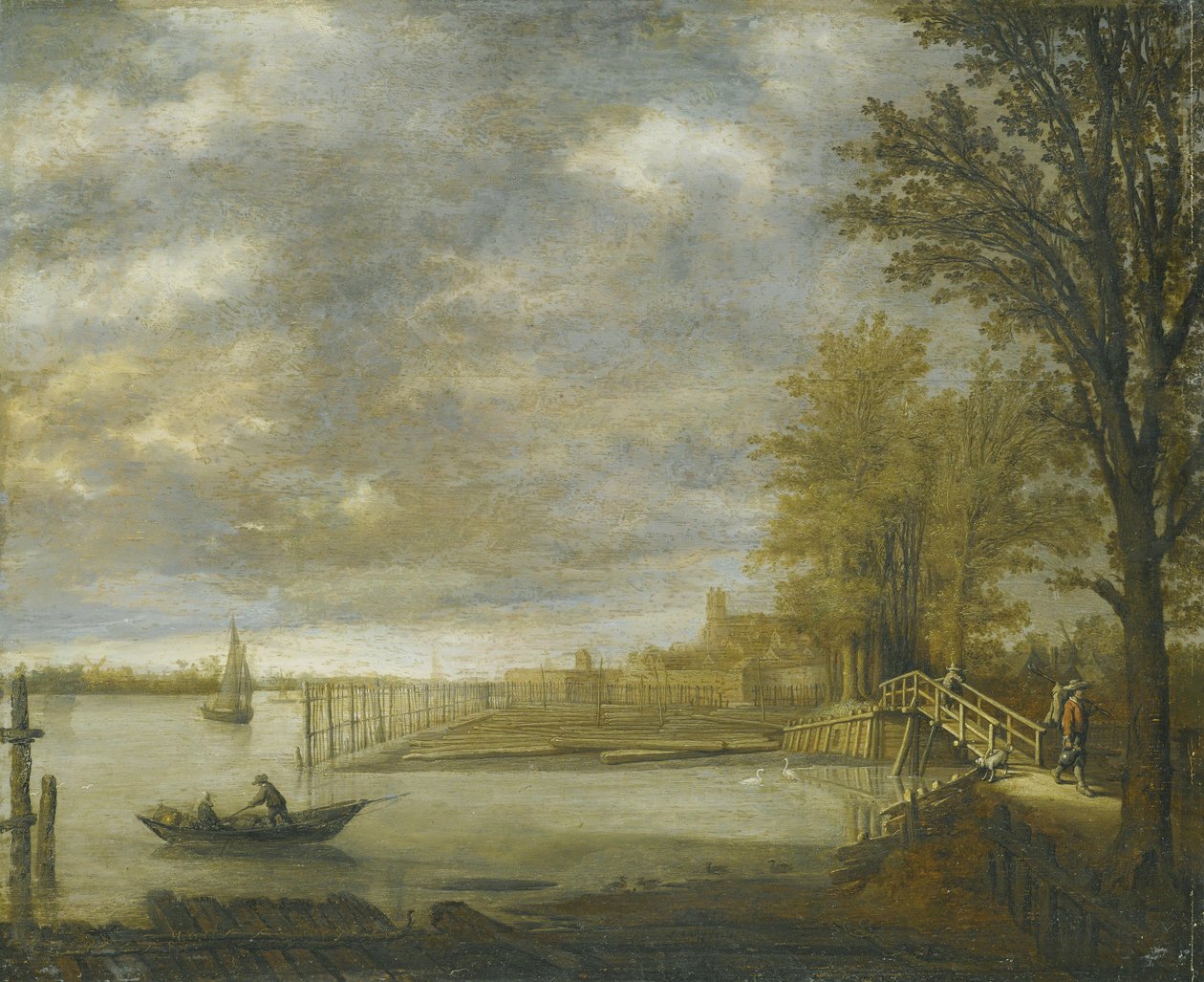 Vista de Dordrecht a partir do sul, em primeiro plano os estaleiros de madeira de Aelbert Cuyp