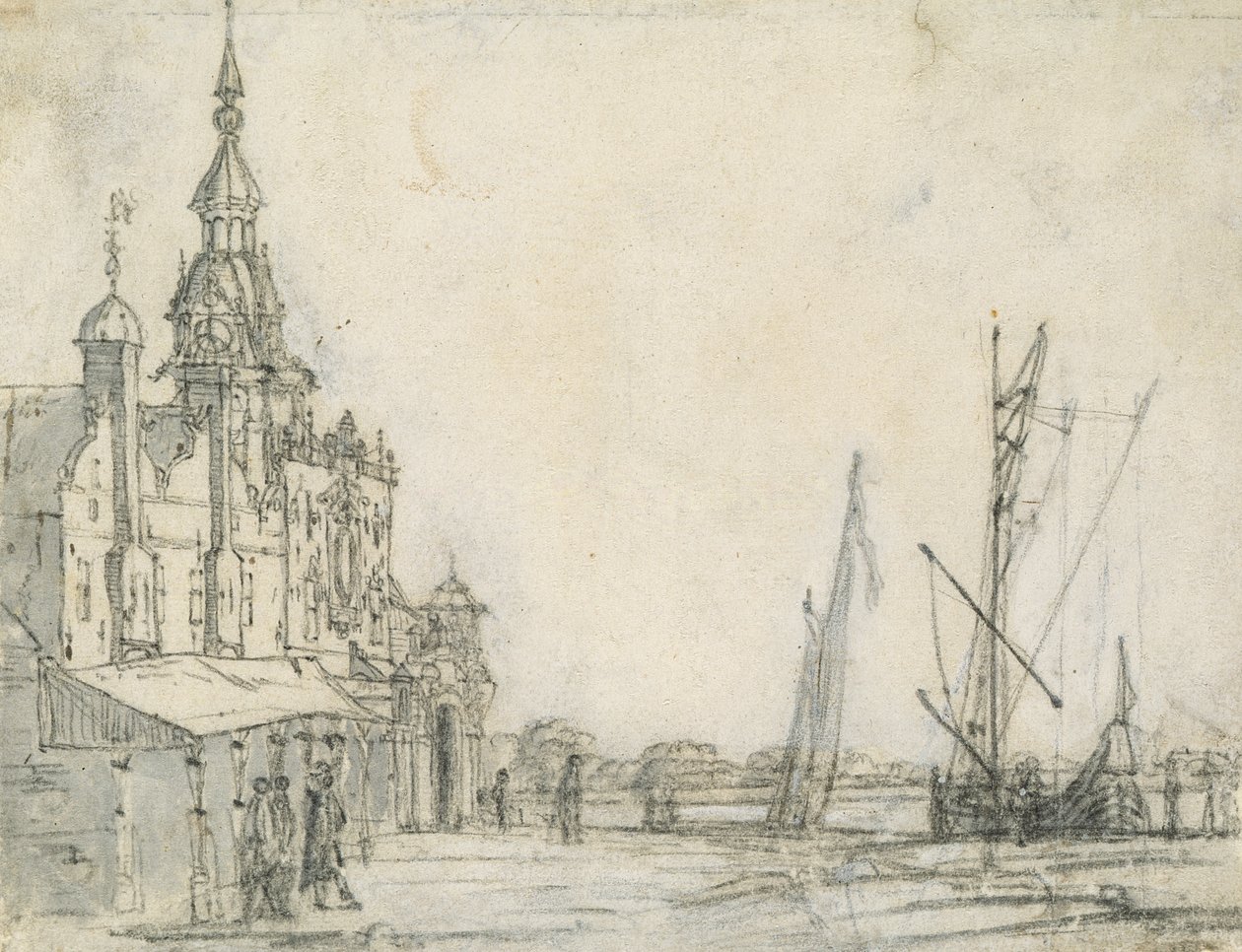 Vista do Groothoofdspoort do nordeste, Dordrecht, 1618 (giz no papel) de Aelbert Cuyp