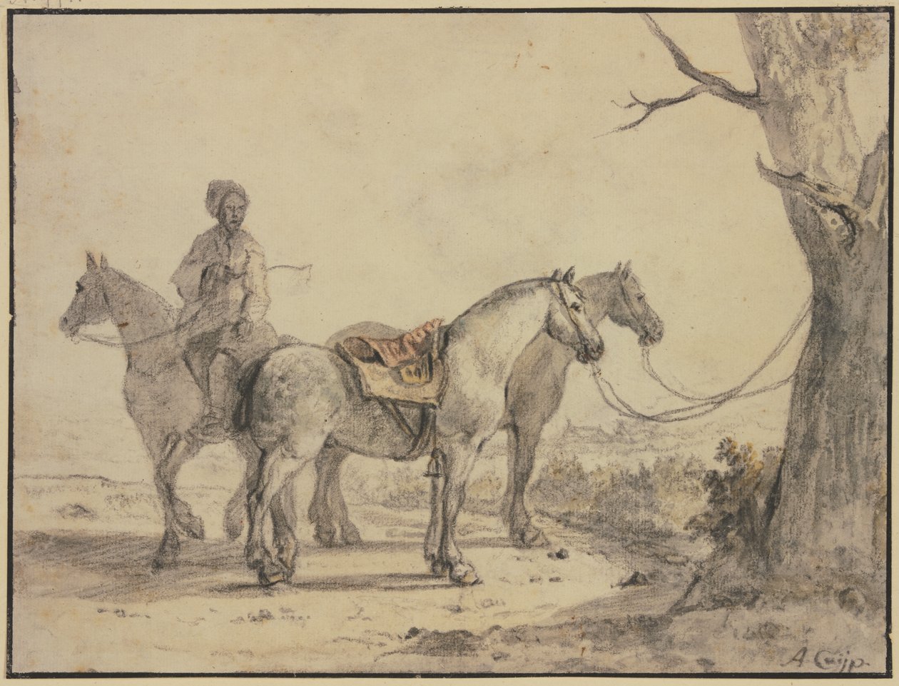 Dois cavalos selados amarrados a uma árvore, com um cavaleiro ao lado de Aelbert Cuyp