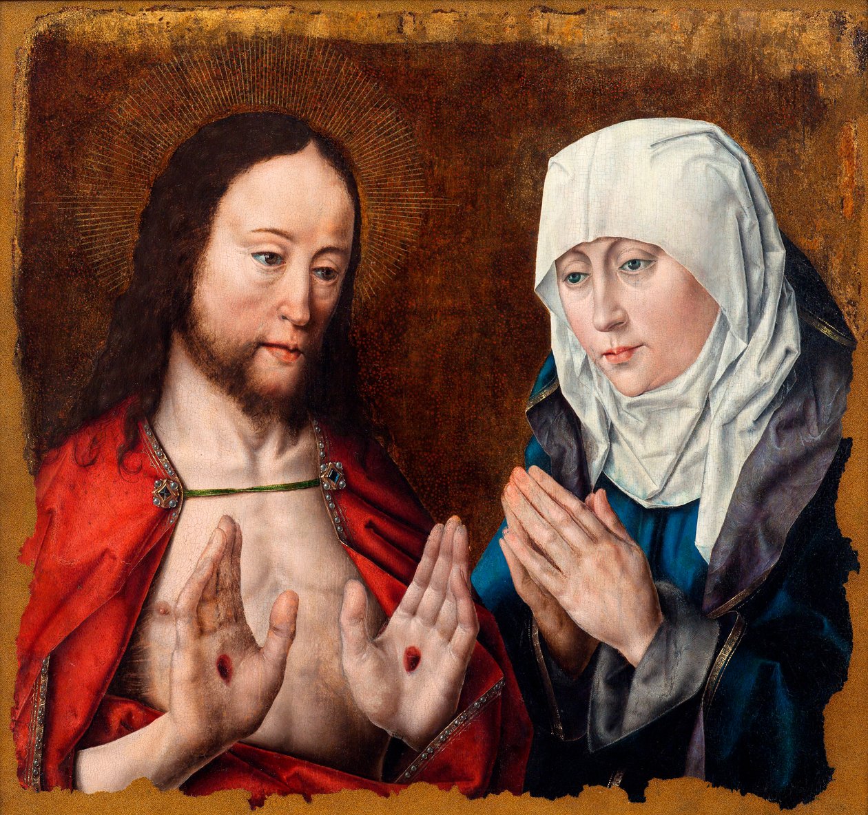 Cristo mostrando a sua mãe as feridas nas unhas em suas mãos, c. 1490 de Aelbrecht Bouts