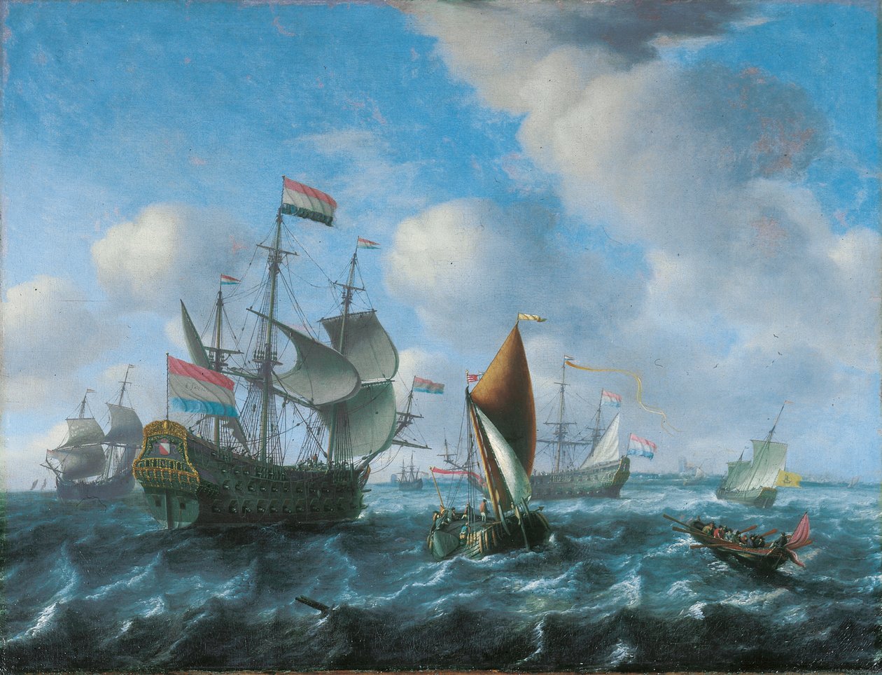 Um homem "o" guerra, possivelmente Het Wapen van Utrecht, um navio e um spiegelsloep em uma brisa forte, 1671 de Aernout Smit