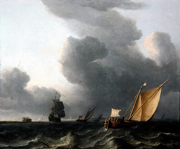 Dois Smalschips holandeses e um Homem-de-Guerra (óleo sobre tela) de Aernout Smit
