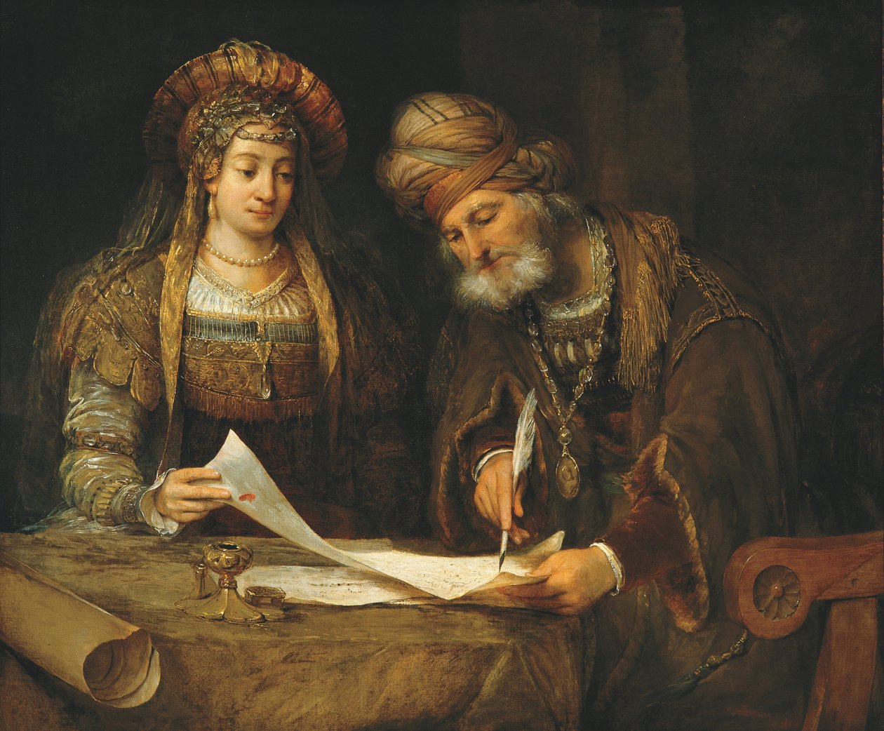 Ester e Mordecai escrevendo a primeira carta do Purim de Aernt de Gelder