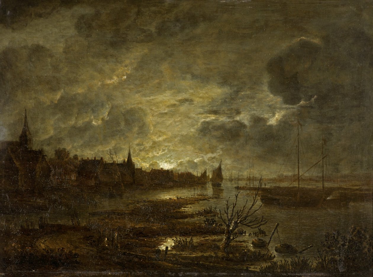 Uma aldeia em um rio ao luar, c.1645-1700 de Aert van der Neer