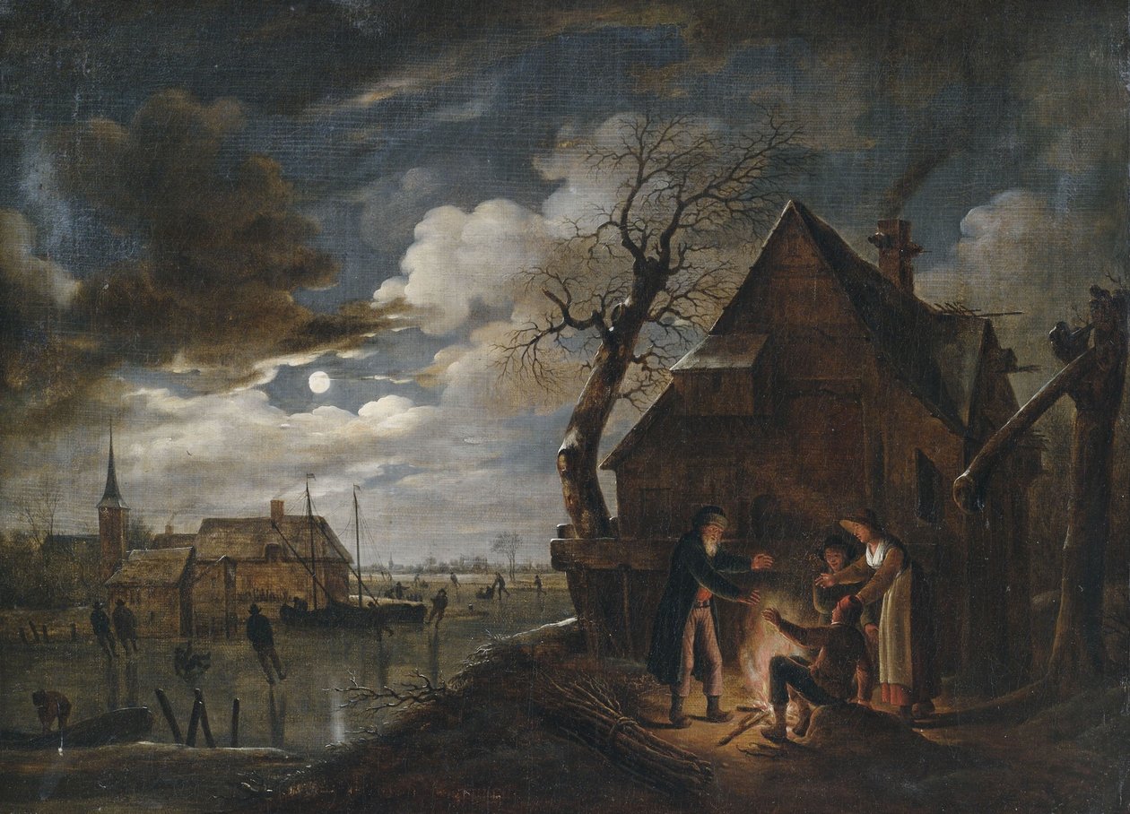 Paisagem do canal holandês ao luar com patinadores e uma fogueira onde os agricultores se aquecem de Aert van der Neer