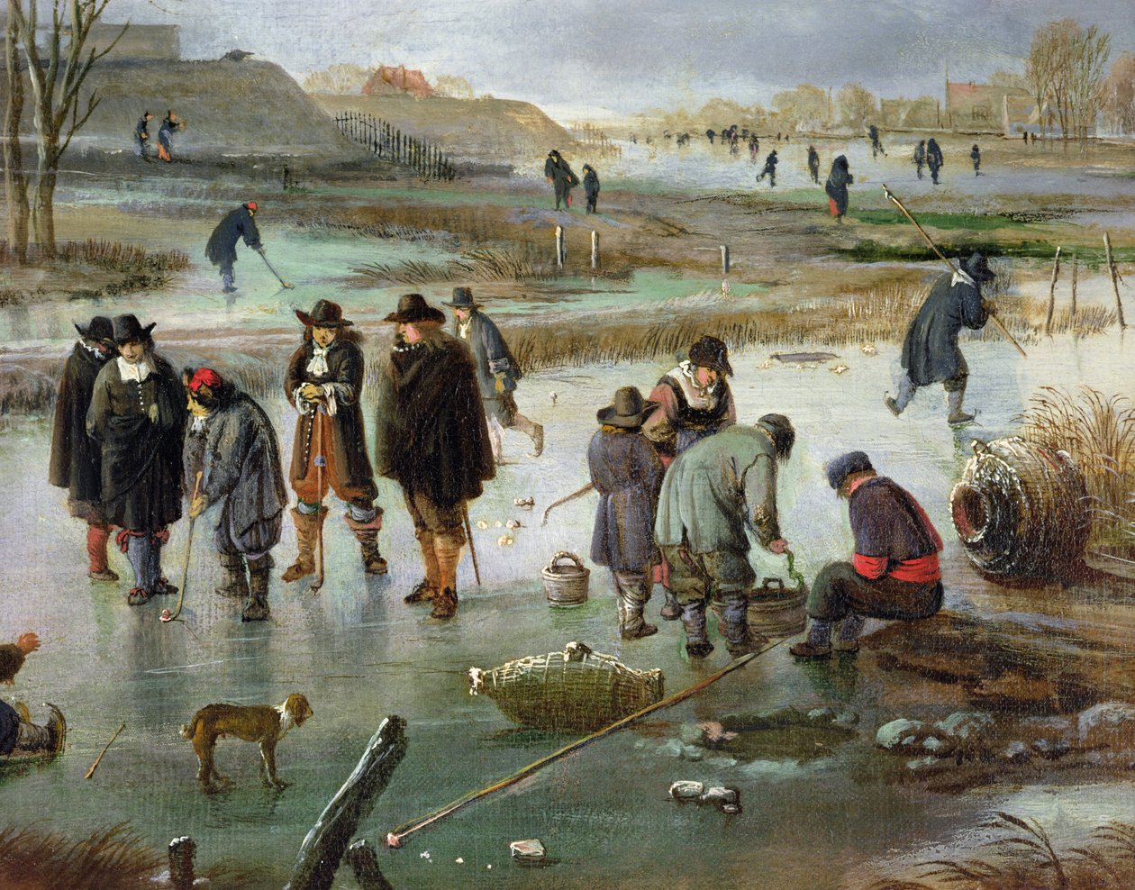Patinação no gelo fora das muralhas da cidade, detalhe de jogadores de hóquei no gelo de Aert van der Neer