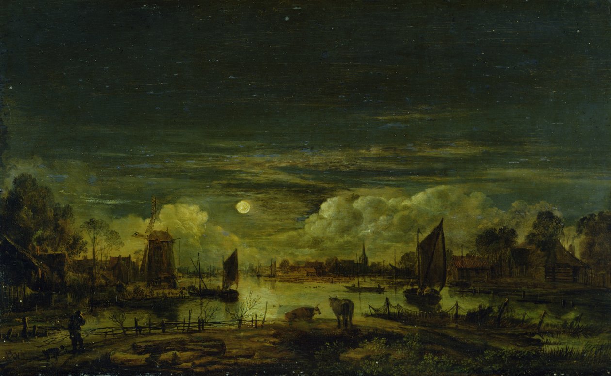 Paisagem ao luar (óleo sobre painel de carvalho) de Aert van der Neer