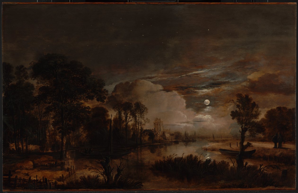 Paisagem enluarada com vista para o novo Rio Amstel e Castelo Kostverloren de Aert van der Neer