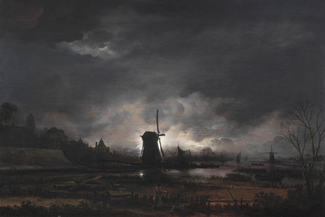 Paisagem enluarada com um moinho de vento, de início a meados de 1650 (óleo sobre painel de carvalho) de Aert van der Neer