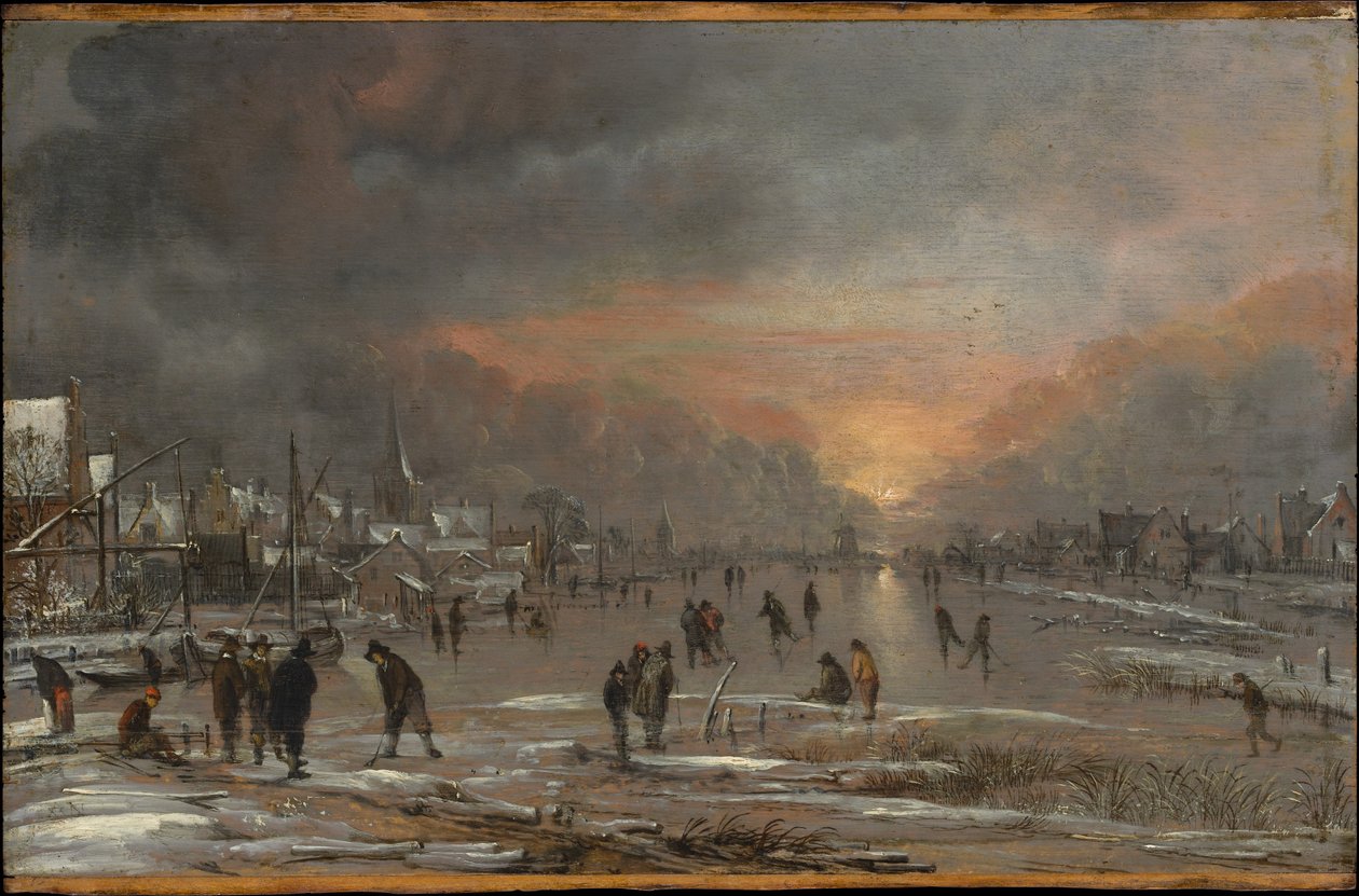 Esportes em um rio congelado de Aert van der Neer