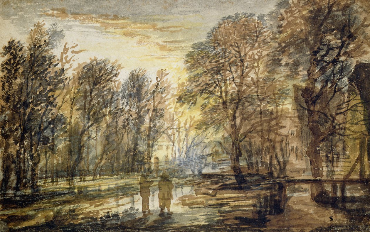 Pôr do sol na madeira (lápis e tinta marrom no papel) de Aert van der Neer