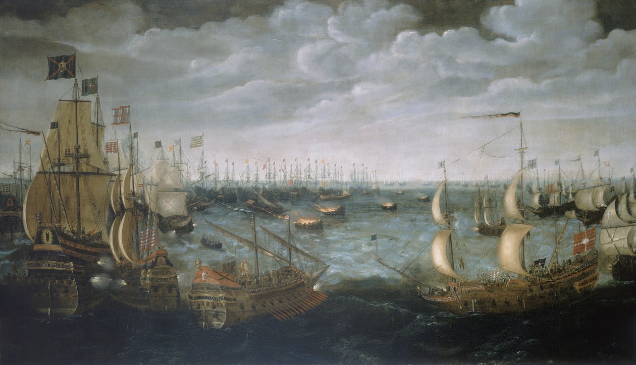 Lançamento de navios de fogo contra a Armada Espanhola, 7 de agosto de 1588, c.1590 (óleo sobre tela) de Aert Anthonisz