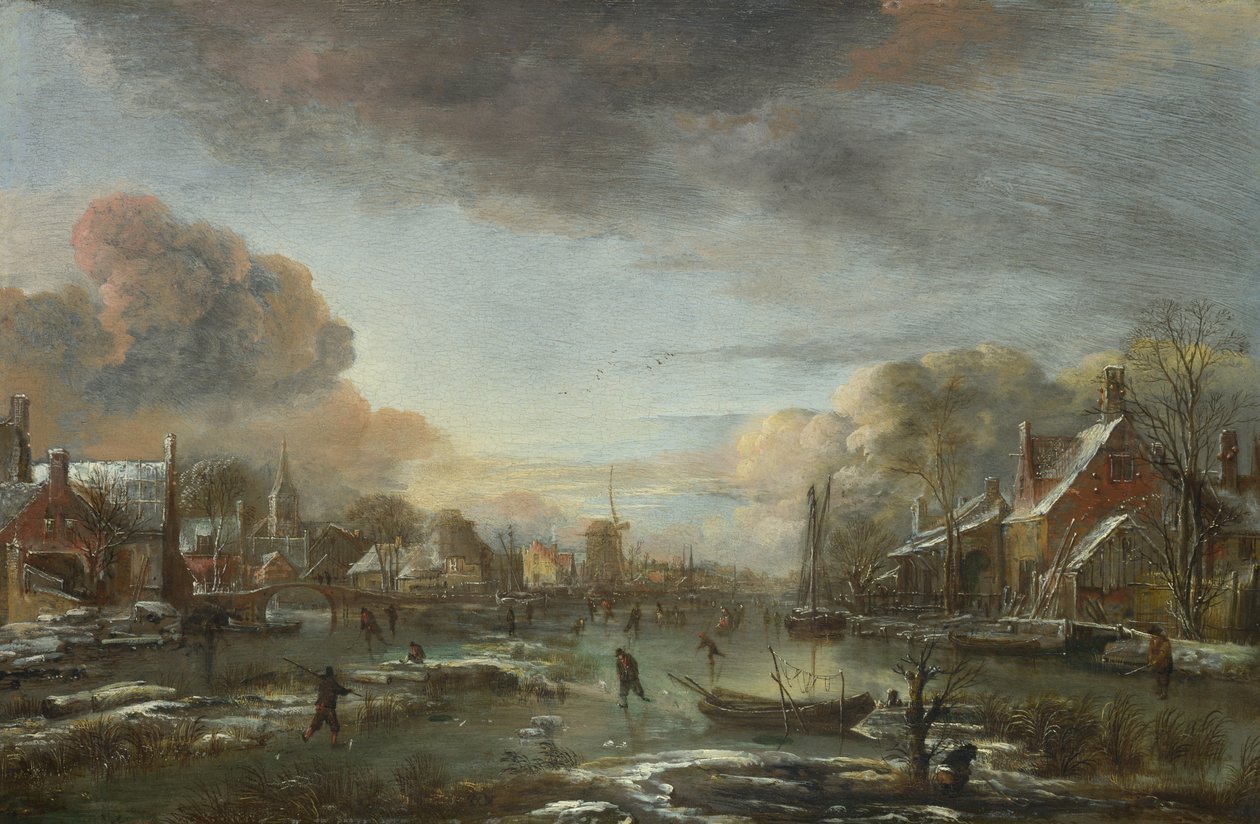 Um Rio Congelado por uma Cidade à Noite, ca 1665 de Aert van der Neer