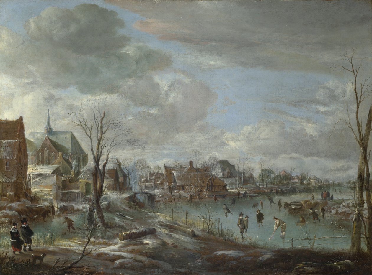 Um Rio Congelado perto de uma Aldeia, com Golfistas e Skaters, c. 1647-1648 de Aert van der Neer