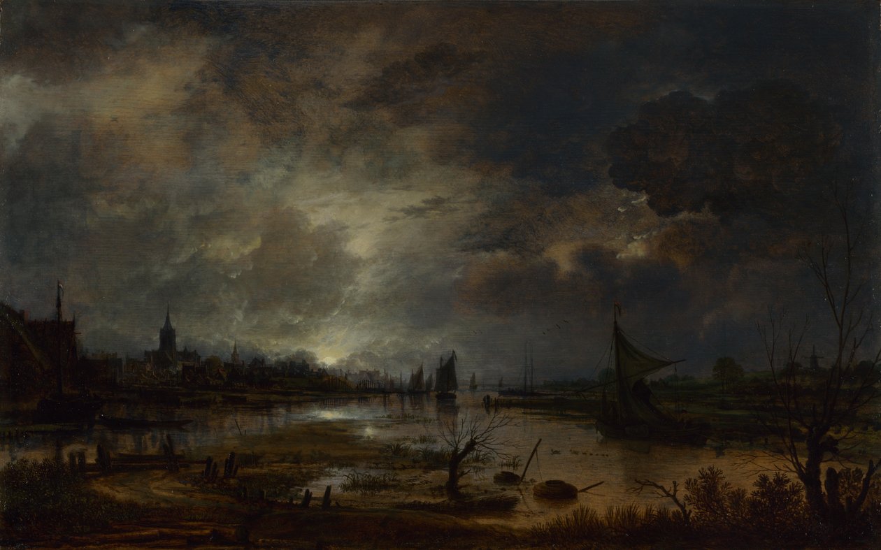 Um rio perto de uma cidade, à luz da lua, c. 1645 de Aert van der Neer