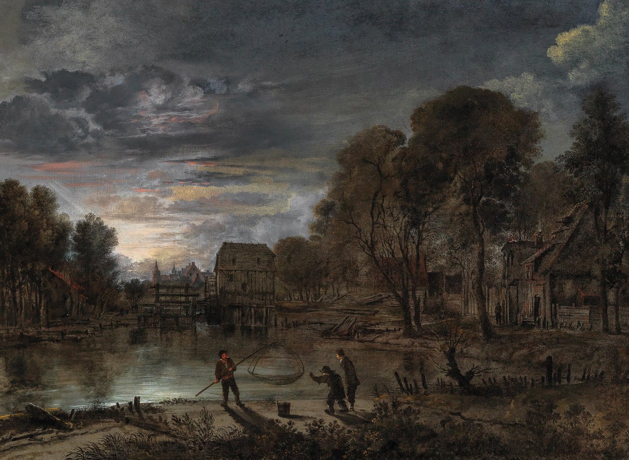 Uma paisagem noturna com pescadores. de Aert van der Neer