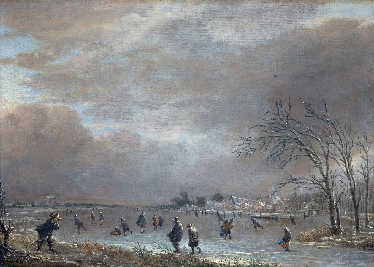 Paisagem de inverno com patinadores em um rio congelado de Aert van der Neer