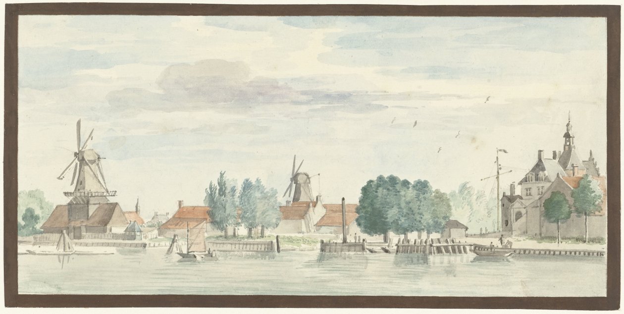 Vista de Dordrecht com o Rietdijkspoort e moinhos de vento de Aert Schouman