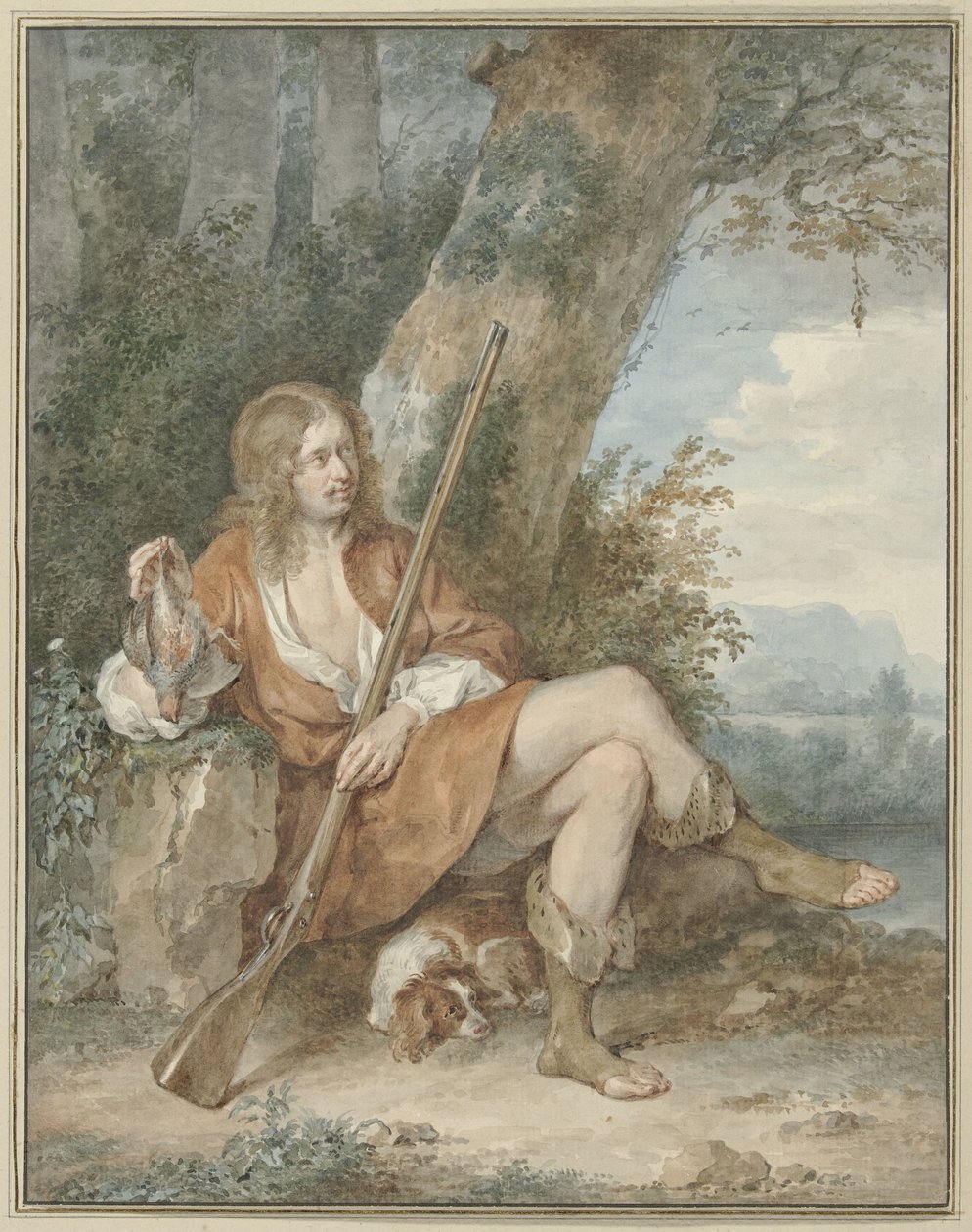 Caçador de descanso com mosquete e perdiz, por uma árvore de Aert Schouman