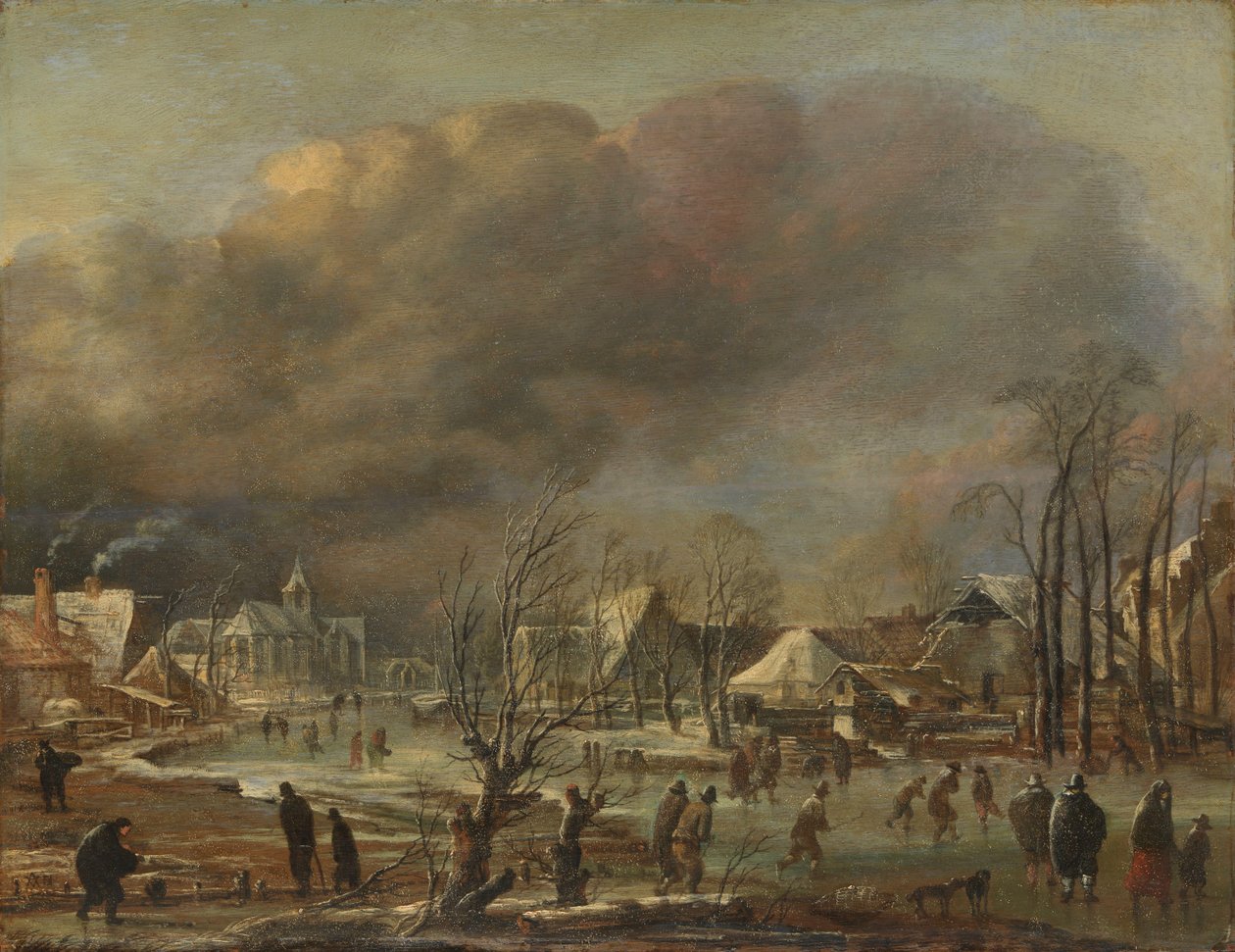 Paisagem de inverno com igreja e casas de fazenda de Aert van der Neer (manner of)