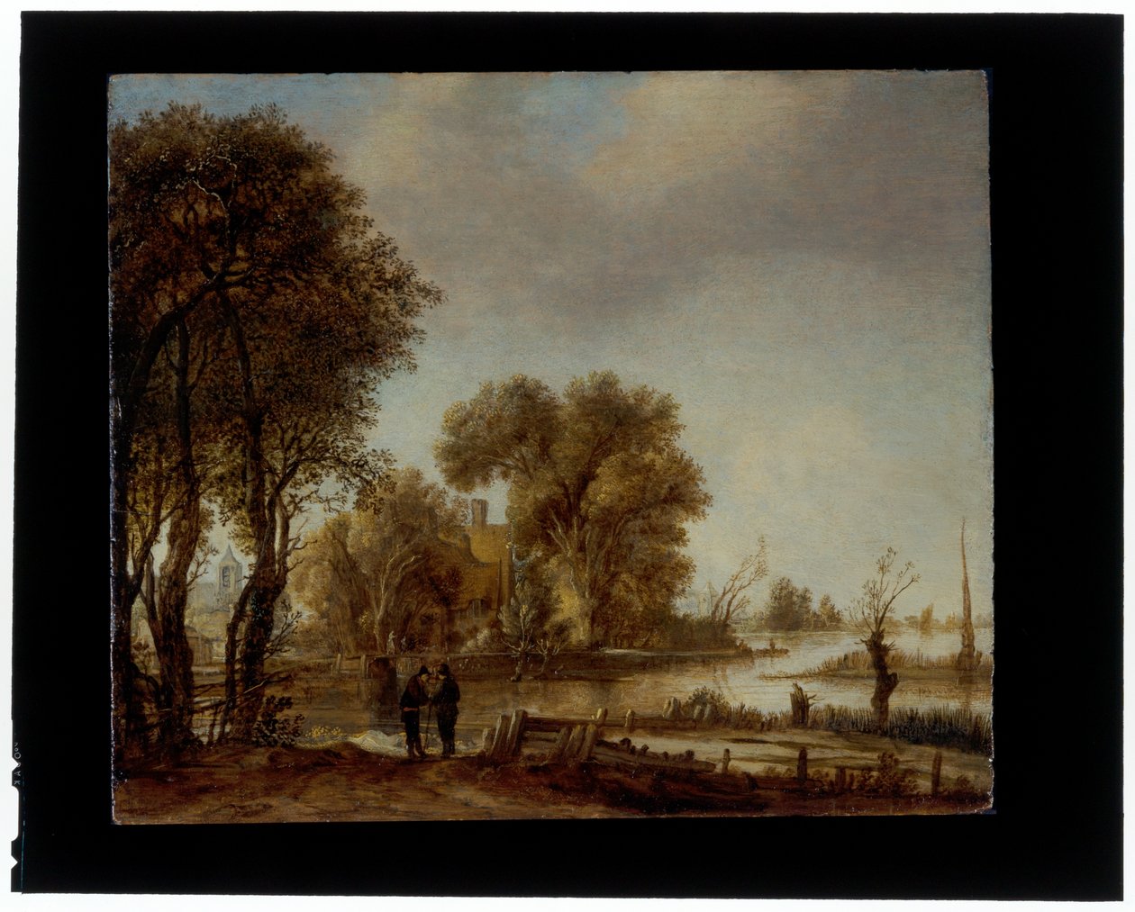 Uma paisagem fluvial com homens a conversar num trilho de Aert van der Neer